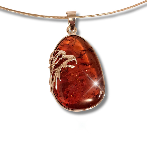 HW-4017 Pendant, Oval Amber, Silver Embellishment $87 at Hunter Wolff Gallery